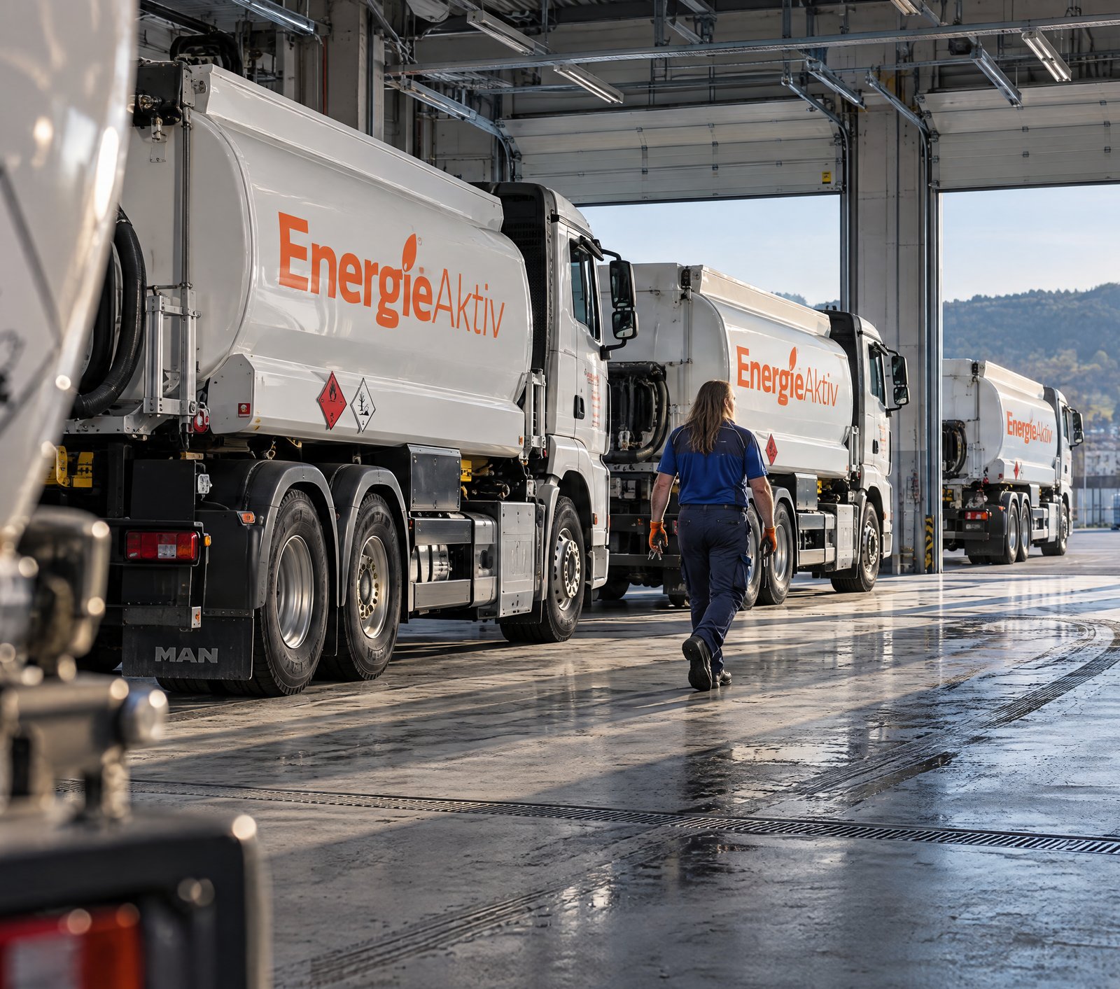 Tankwagen der eigenen EnergieAktiv-Flotte in der Fahrzeughalle, eine Fahrerin geht zum nächsten Fahrzeug