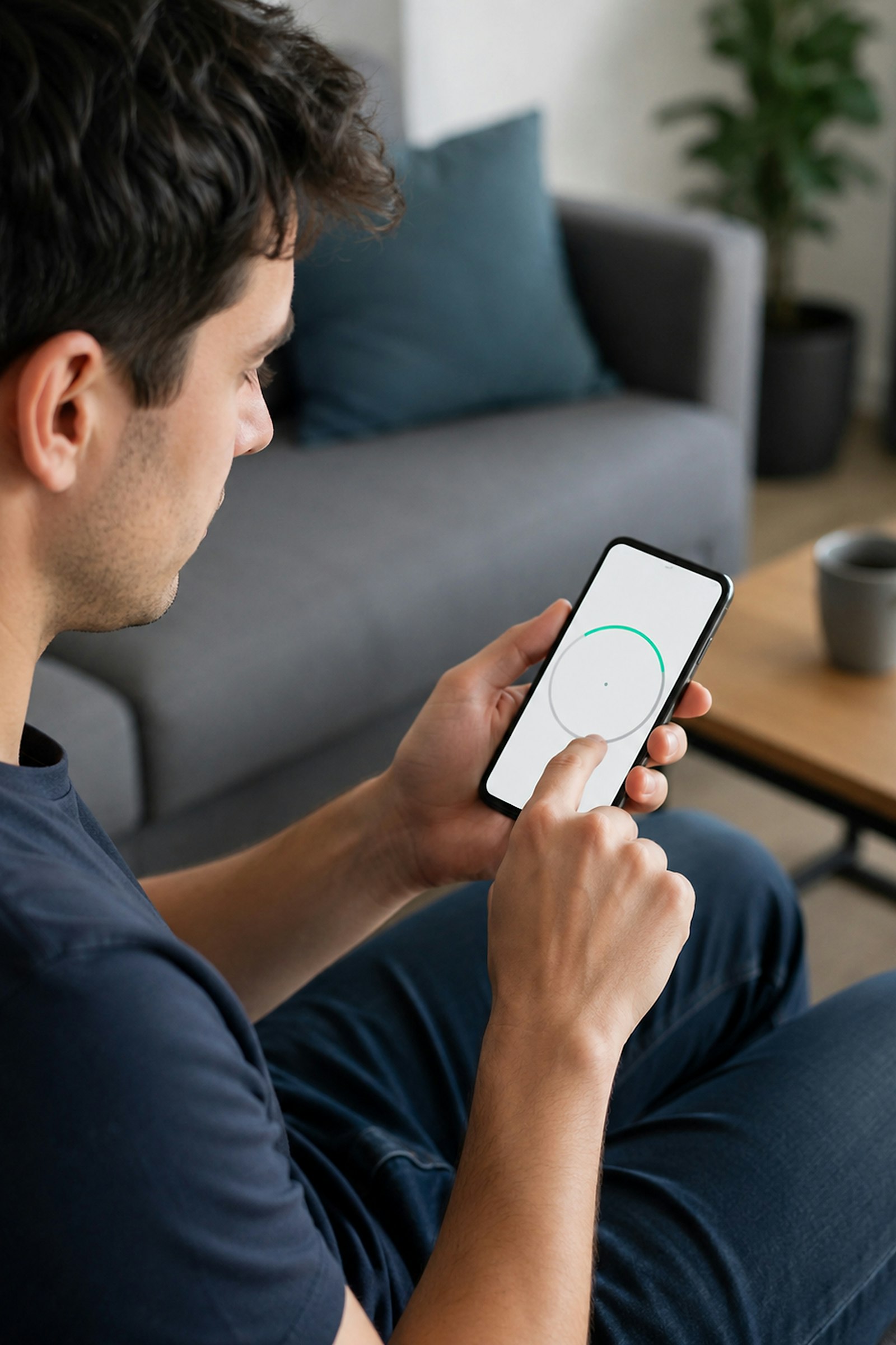 Mann prüft auf dem Sofa eine App auf dem Smartphone