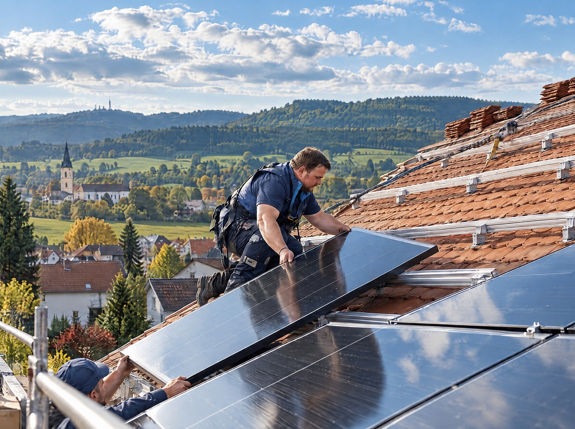 Monteure von EnergieAktiv montieren Photovoltaikmodule auf einem Ziegeldach