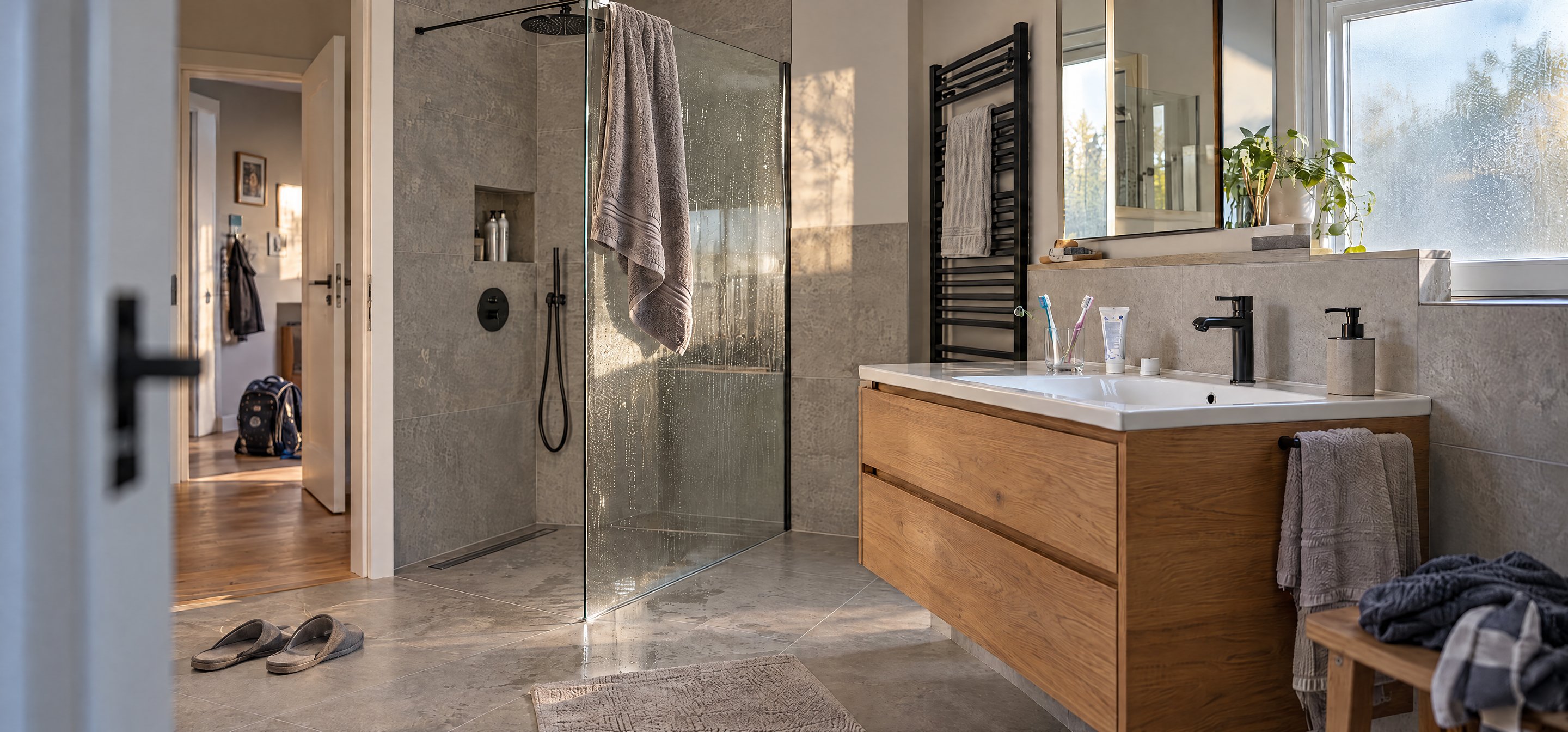 Modernes, helles Bad mit bodengleicher Dusche, Glaswand und Holz-Waschtisch