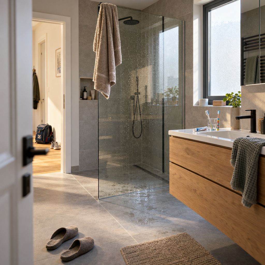 Neues Bad mit bodengleicher Walk-in-Dusche, Glastrennwand, Ablaufrinne und Waschtisch aus Holz