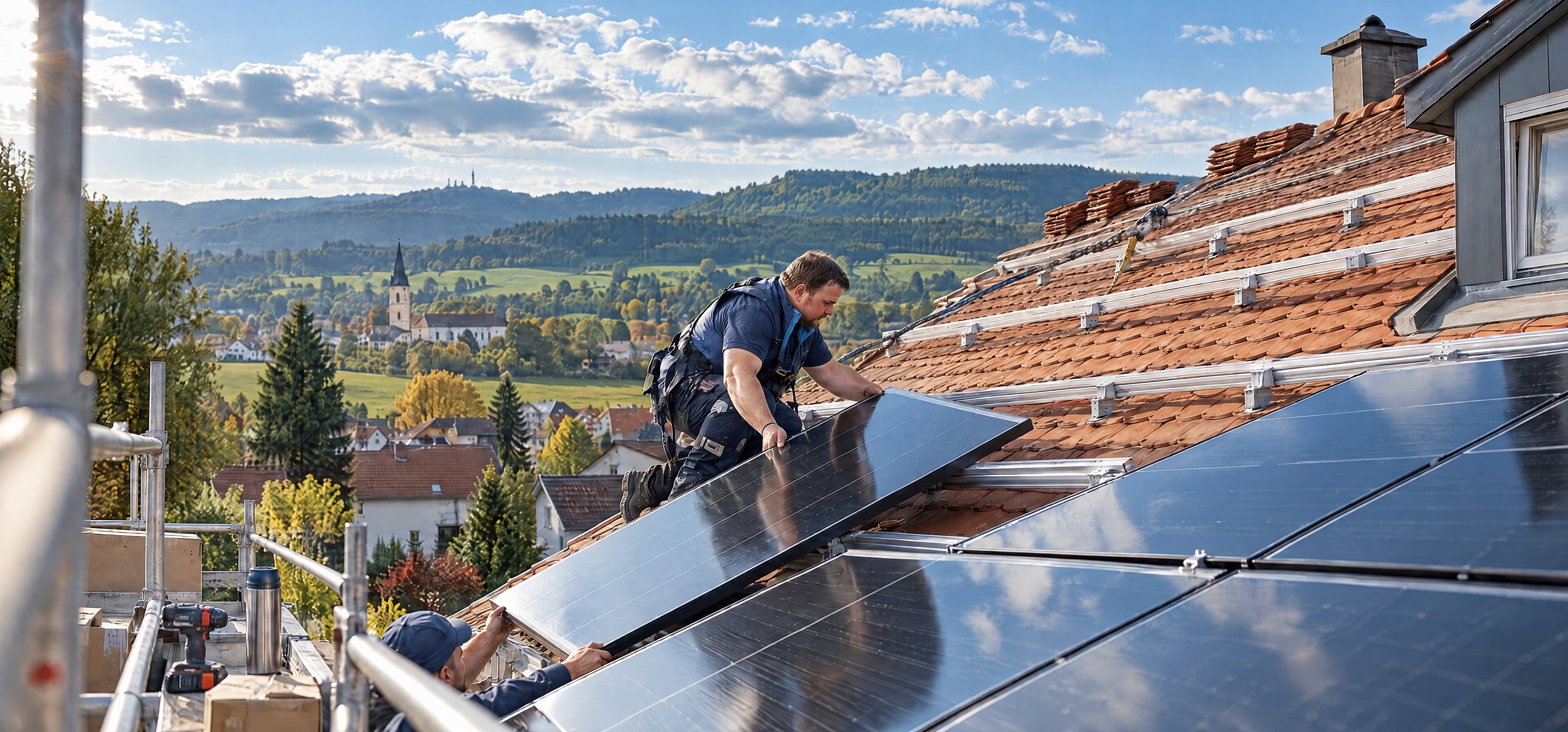 Monteure von EnergieAktiv montieren Photovoltaikmodule auf einem Ziegeldach, im Hintergrund Ort und Schwäbische Alb