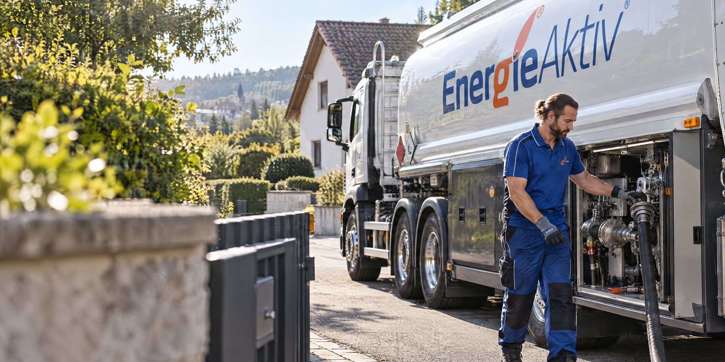 EnergieAktiv-Fahrer bedient den Tankwagen vor einem Wohnhaus, im Hintergrund die Hügel der Region