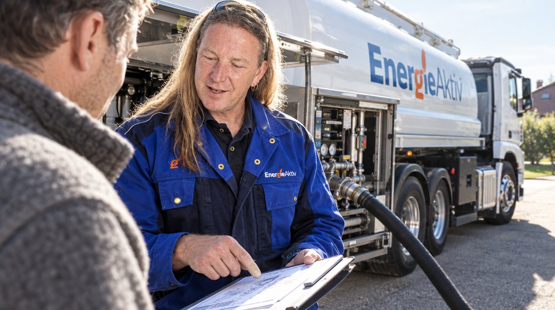 EnergieAktiv-Fahrer bespricht den Lieferschein mit einem Kunden am Tankwagen