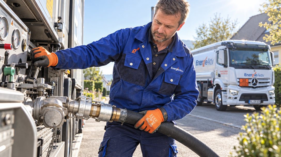 EnergieAktiv-Fahrer bedient die Zapfanlage am Tankwagen, ein zweiter Tankwagen im Hintergrund