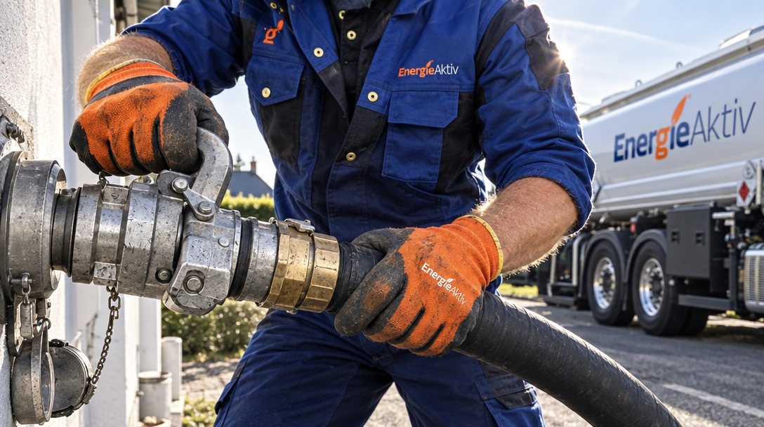EnergieAktiv-Fahrer kuppelt den Tankschlauch am Einfüllstutzen an