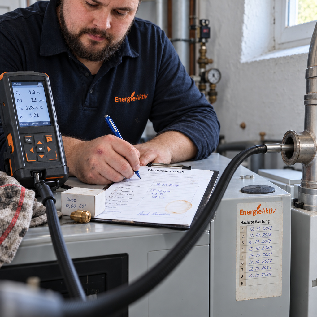 Servicetechniker von EnergieAktiv füllt nach der Abgasmessung das Wartungsprotokoll am Heizkessel aus